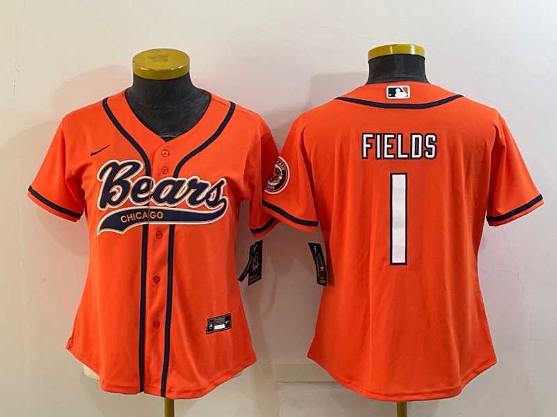 Womens Chicago Bears #1 Justin Fields Orange With Patch Cool Base Stitched Baseball Jersey->women nfl jersey->Women Jersey